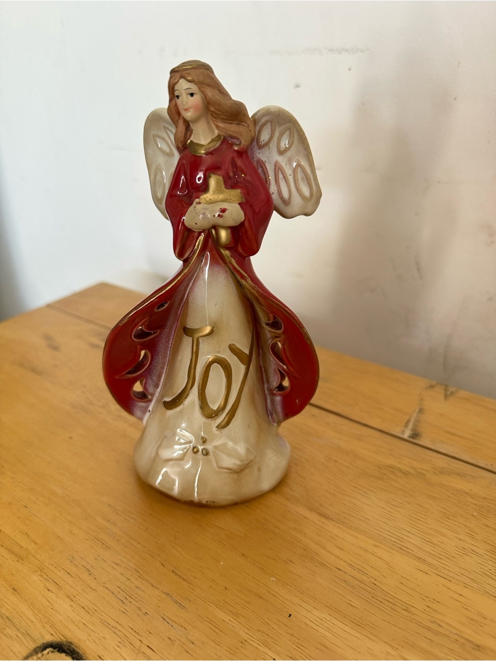 Kirklands Red and Cream 'Joy' Angel Figurine